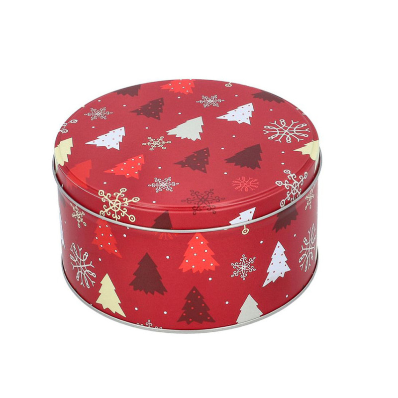 Boite à gâteaux de Noël ronde Grande - Décor Petits Sapins - 19,5 cm