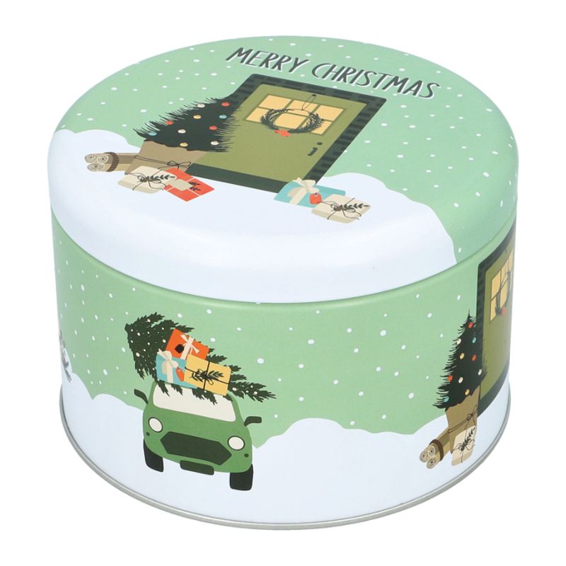 Boite à gâteaux de Noël ronde moyenne - Décor Sapin - 15 cm