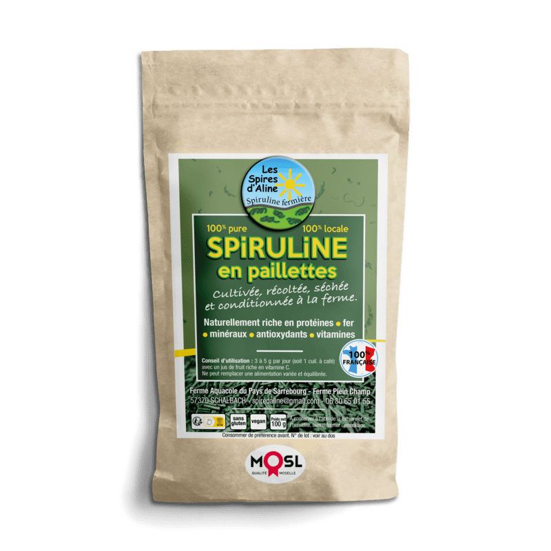 Spiruline en paillettes - 100 g - Les Spires d'Aline - Moselle / France Spiruline en paillettes - 100 g - Les Spires d'Aline - Moselle / France