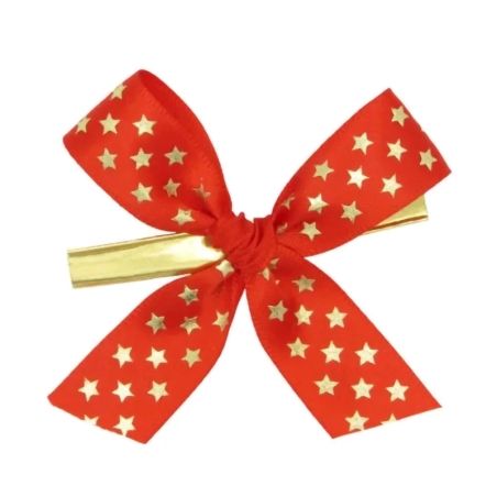 5 Nœuds Satin Rouge motif Etoiles Attache Twist - 15mm x 6cm