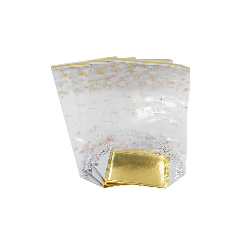 Lot de 5 Sachets pour biscuits - décor Flocons métallisés - 14 x 30,5 cm