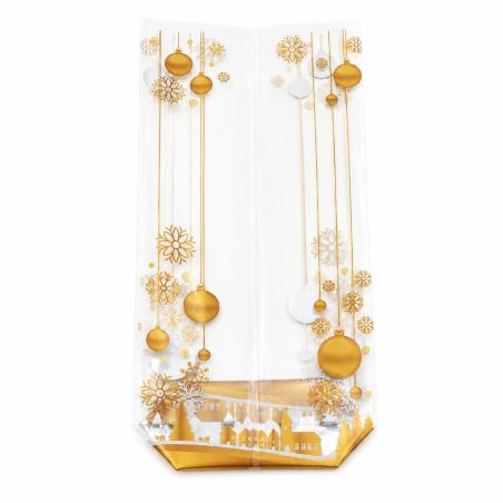 Lot de 5 sachets pour biscuits et confiseries - décor village de Noël doré - 10 × 26 cm